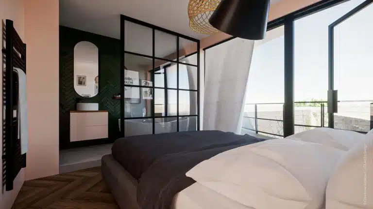 Chambre moderne avec vue panoramique et décoration élégante.