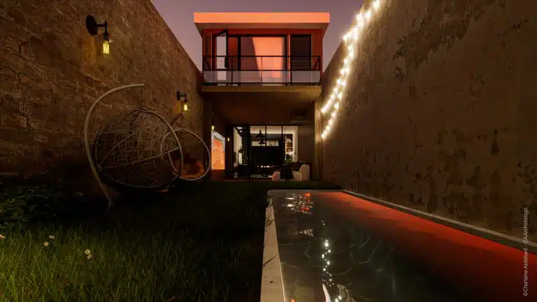 Jardin moderne avec piscine éclairée en soirée