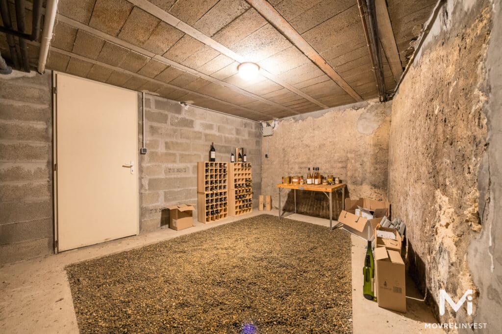 Cave avec étagères de vin et conserves